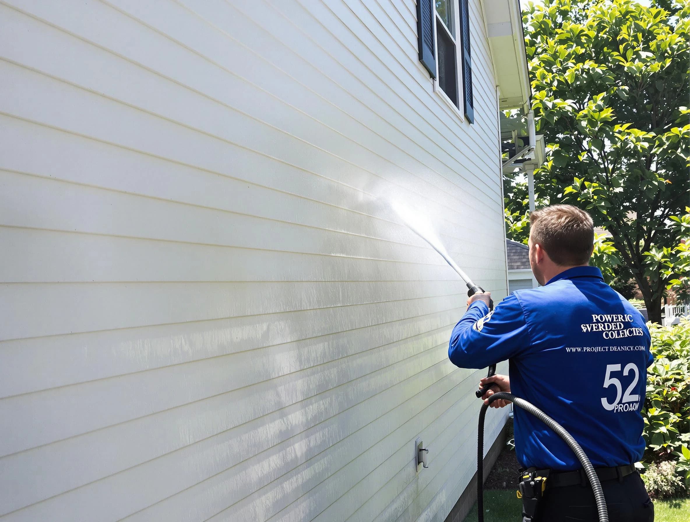 A Warrensville Heights Power Washing technician power washing a home in Warrensville Heights